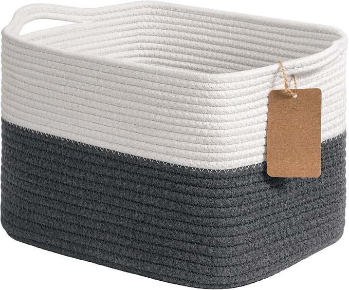 Goodpick Woven Rope Storage Basket for Shelves, Rectangle, Dark Gray | 13" × 10" × 9" Stylish Gift Basket for Home Decor, Cotton Rope Baskets for Baby Toys, Books & Towels Storage, Writable Label
