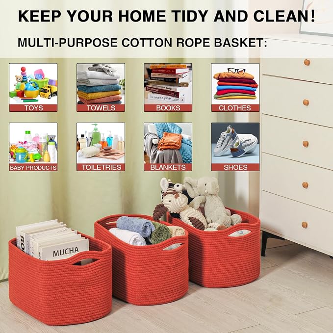 Storage Baskets for Organizing Shelves, Woven Cotton Rope Basket for Storage, Dog Toy Baskets Storage Kids, Cute Shelf Basket for Living Room Bedroom, 14.8"×11"×9.5", Pack of 3, Brick Red