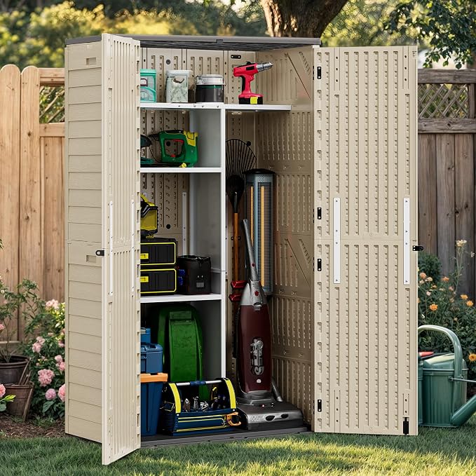 YITAHOME 60 cu ft Tall Outdoor Storage Shed w/o Shelf, Resin Vertical Outdoor Storage Shed, Large Waterproof Storage Cabinet for Garage, Poolside, and Garden (Khaki + Black)