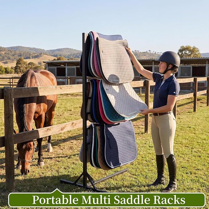 8-Tier Portable Saddle Pad Rack with Stand for Horse Tack Storage | Lightweight Black Stand with Long Rack Arms Stores Multiple Saddle Pads for Tack Rooms, Utility Rooms and Horse Trailers