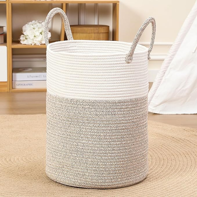 60L Large Woven Laundry Basket Hamper, 100% Natural Cotton Rope, Handwoven & Durable, Storage for Blankets, Toys, Clothes, Nursery Hamper for Living Room, Baby Room, Bedroom (Brown and White)
