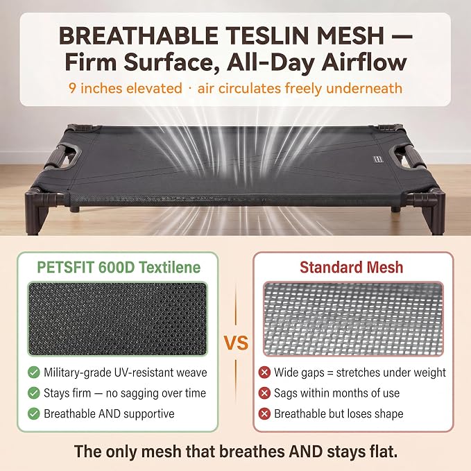 Petsfit 48 Inch Elevated Dog Bed for Large Dogs, Patented Anti-Sag Cot | Patented anti-sag tension bar, cooling Teslin mesh, dual support straps, tool-free setup and non-slip feet; up to 120 lb.