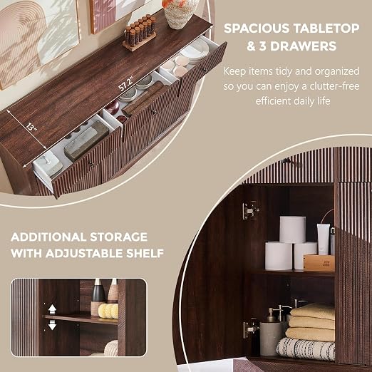 IFGET Triple Tilt Out Trash Can Cabinet, Modern Fluted Laundry Hamper Cabinet with 3 Drawers, 20 Gallon Hidden Wooden Garbage Can Cabinet w/Storage Basket & Adjustable Shelf, for Kitchen, Brown