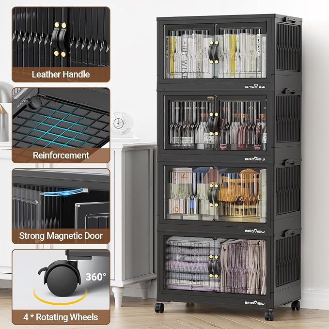 BROVIEW 240Qt Stackable Storage Bins with Lid for Home Dorm, 3Pack Black | Closet Organizers, Foldable & Collapsible Cabinets, Large Containers, Wheels & Magnetic Doors, Plastic Drawers for School