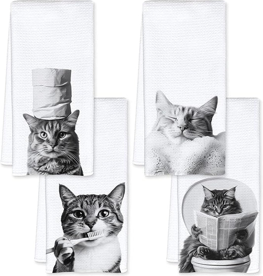 Cat Bathroom Decor Hand Towels, Cat Gifts for Women, Pet Lovers Gifts, Black and White Cute Kitten Hand Towels for Bathroom Washroom Restroom Decor, 16x24 Inch, Set of 4