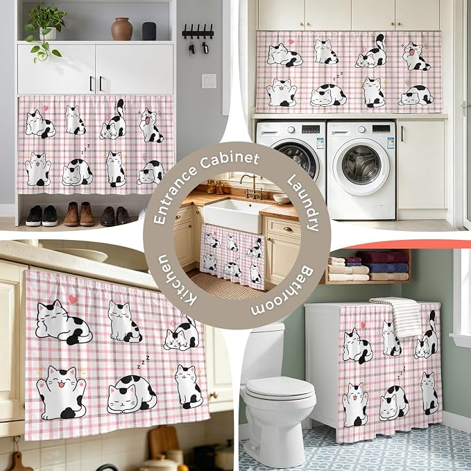 Cute Cat Sink Skirt 11"Wx13"L,Dustproof Under Sink Curtain with Self Adhesive Tape,Modern Playful Pet Cats Pink Brown Plaid Cabinet Curtain Cover for Bathroom Vanity,RV,Kitchen Cabinet Storage Shelf