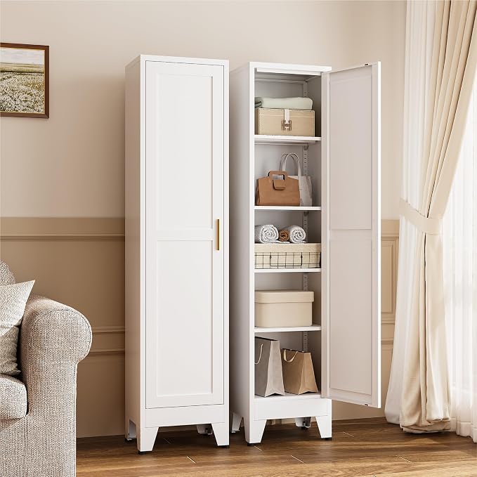 YAUWOH White Narrow Metal Storage Cabinet, Tall Freestanding Cabinet with 4 Adjustable Shelves & Barn Doors, Pantry Organizer for Bathroom Kitchen Home Office Dining Room（1PC,White）
