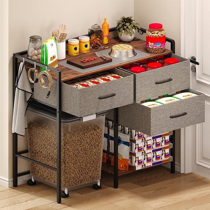 Extra Large Pet Storage Rack, Dog Food Storage Station with 3 Multi-Purpose Drawers & Side Hooks, Industrial Furniture Style Pet Supply Organizer, Fits Big Rolling Food Bins, Grey & Black