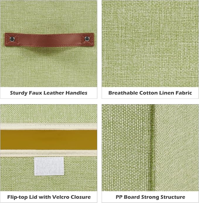 Storage Boxes with Lids Cotton Linen Fabric Bins Baskets | Decorative Collapsible Washable, Clothes Container Organizer for Closet Shelf, w/ Faux Leather Handles, Green, Large