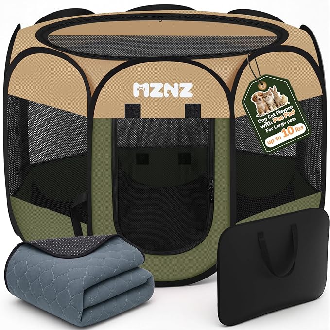 Dog Cat Small Animal Puppy Playpen with Pee Pad, Small, Olive Green | Portable Pop Up Pet Cage Enclosure Tent Kennel Indoor Outdoor with Carrying Case, No Assembly, Camping Use