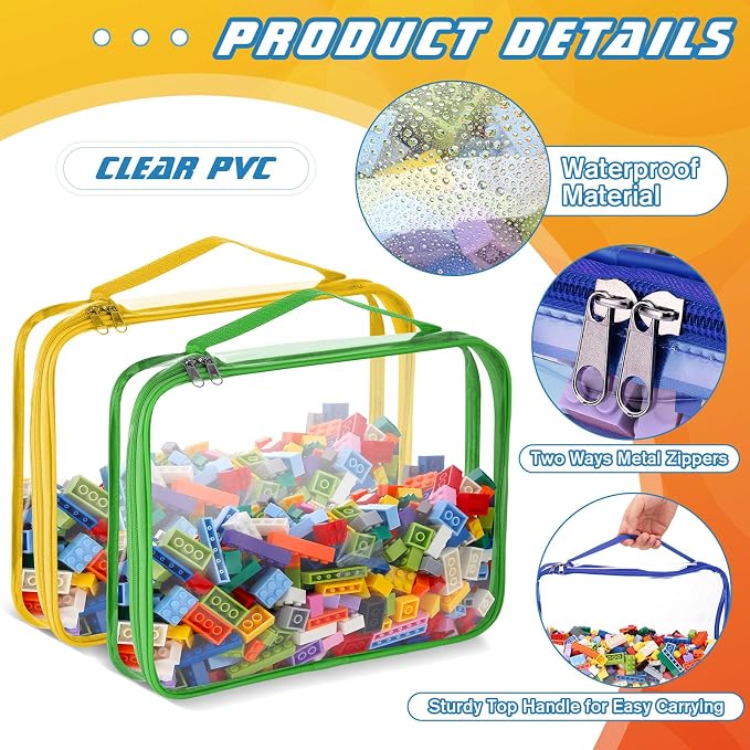 Sanwuta 6 Packs Toy Storage Bags with Zipper,Large,Simple Colors | Clear Waterproof Games Storage， Large Portable PVC Container， Reusable Organizer for Board Games, Building Blocks, Puzzles