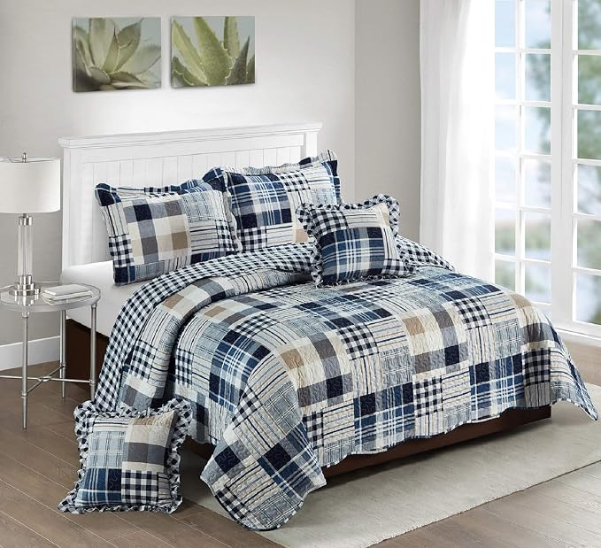 Brilliant Sunshine Multi Blue Plaids & Stripes Ruffle Shams Set, 18"x18" | Patchwork Design with Ruffles, Quilted Pillow Covers, Washable Throw Cushion Cases for Couchs and Beds, Pack of 2