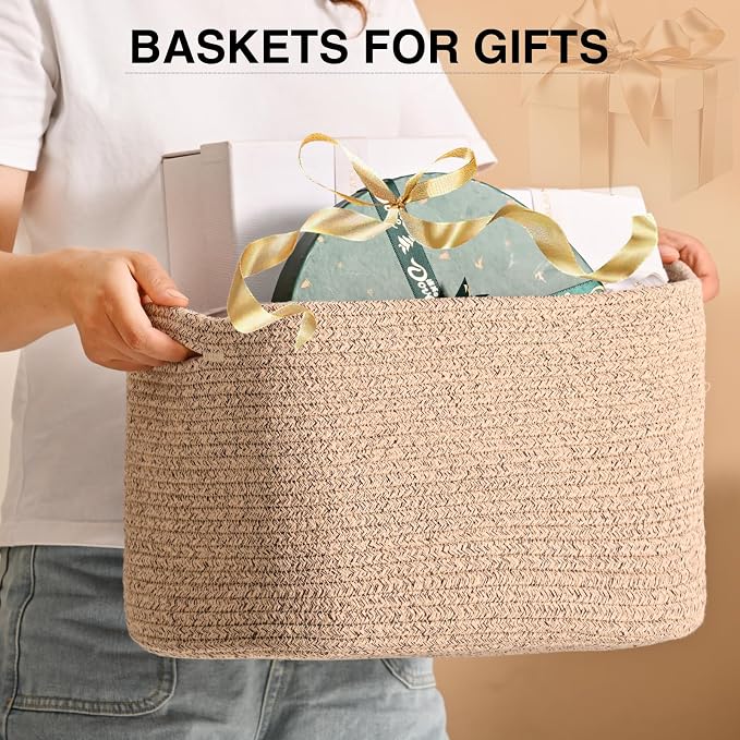 ICERZCZ Woven Cotton Rope Storage Basket for Organizing, Cute Decorative Baskets for Gifts Empty, Organizer Bins for Dog Toy, Baby Laundry, 15“×11”×9.5“, Brown