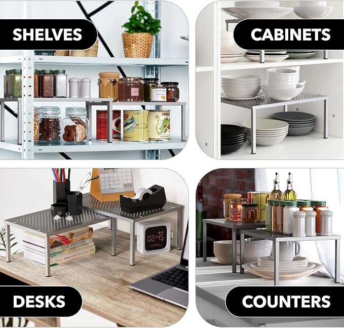 Simple Houseware Cabinet Counter Shelf Organizer w/Steel Surface, Silver | Expandable & Stackable 9" D x 12.75" W x 5.9" H