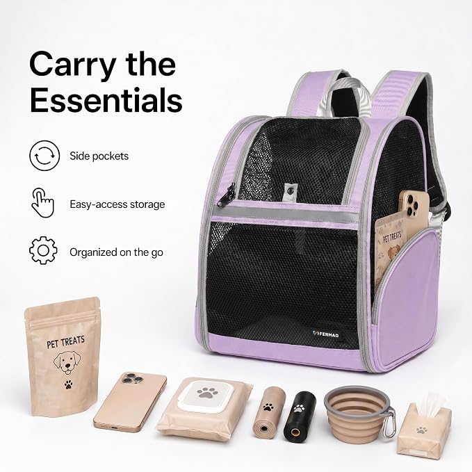 Cat Backpack Carrier for Small Dogs and Medium cat Puppy Kitten Bunny Pet Carrier Backpack Collapsible with Fully Ventilated Mesh with Safety Leash (Purple, 12.9" L x 10.62" W x 15.5" H - M)