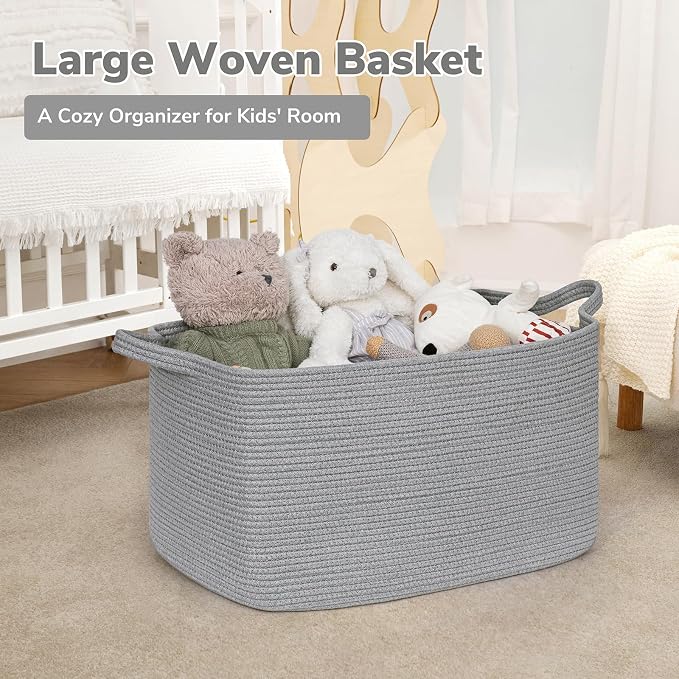 Goodpick Large Woven Rope Blanket Basket, Rectangle, Gray, 75L | 21.6'' x 14.9'' x 11.8'' Storage Basket for Toys, Blankets & Towels, Living Room & Nursery Organization, Reinforced Handles