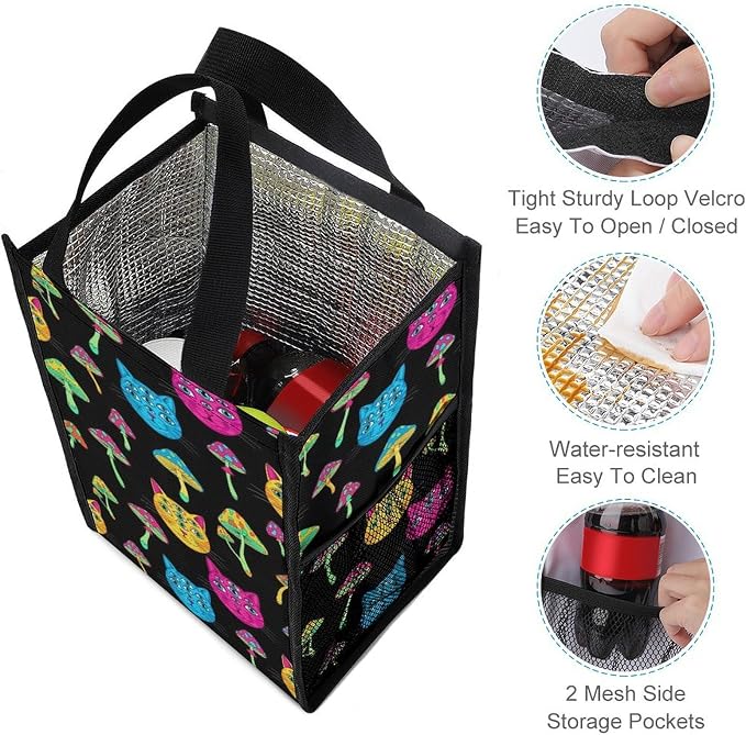Reusable Insulated Lunch Bag Thermal Food Containers Organizer Lunch Cooler Totes Compatible with Halloween Trippy Eyes Black Cat Mushrooms Lunchbox for Picnic Office