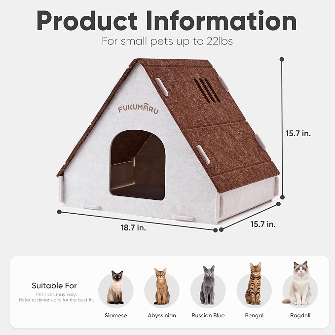 FUKUMARU Cat House Cave Bed for Indoor Cats, Large Warm Felt Cat Hideaway | Scratch-Resistant Cat Cave, Kitten Hideaway for Timid Cat & Small Pet, Modern Sturdy Cats House Condo, Easy to Assemble