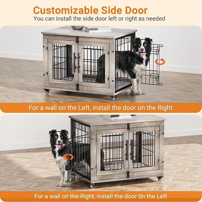 2 Pack Dog Crate Furniture,32'' Heavy Duty Kennel with Cushion & Wheels | Grey, Double Doors, Wooden Dog Cage, Chew-Resistant, End Table, Decorative, 27"/32"/38"/44" Options, Indoor
