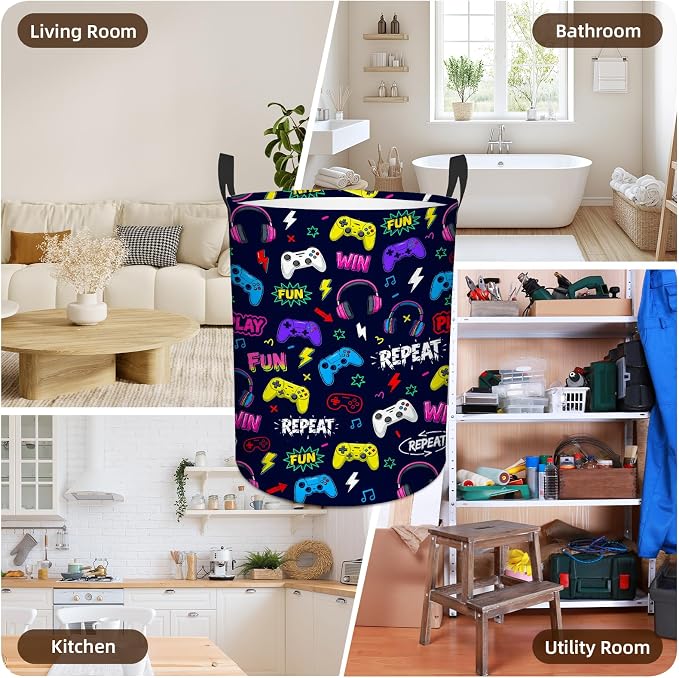 Game Laundry Hamper Boy Baby, Waterproof Laundry Basket for Bedroom, Round Collapsible Storage Bin with Handles for Toys, Nursery Hamper Storage Basket for Bathroom, Game Room Decor, 13.8x17.7in