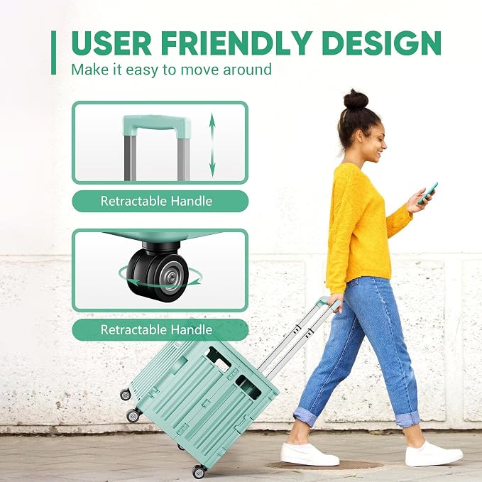 Folding Utility Cart with Lid, Portable Rolling Crate Handcart Collapsible Shopping Trolley, Durable Plastic Foldable Tool Basket with 4 Rotate Wheels for Grocery, Office, Luggage, School - Cyan
