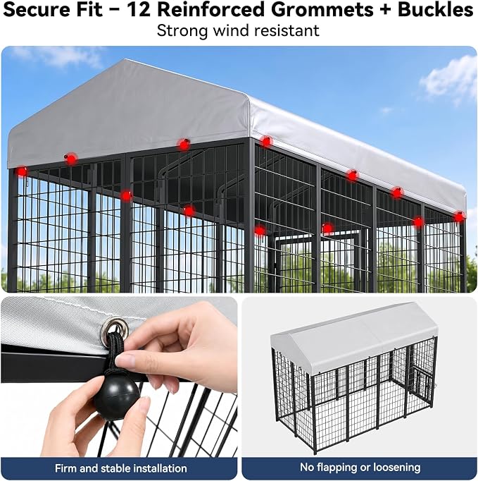 ROOMTEC 8 x 4 FT Outdoor Dog Kennel Cover, Replacement Canopy Only | Silver, 210D Coated Oxford, Waterproof, UV, 12 Secure Fasteners, Designed for ROOMTEC Kennels