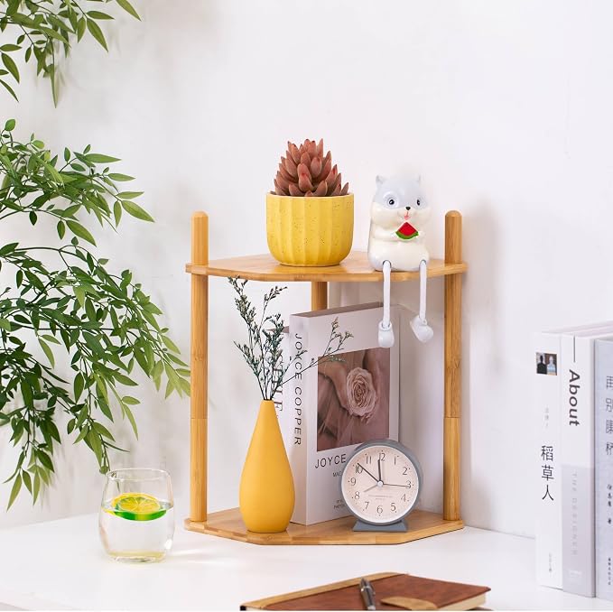 2-Tier Extra Tall Bamboo Corner Shelf, Kitchen Countertop Wine Bottle Organizer, Corner Counter Storage Rack for Pantry, Spice & Wine Organizers and Storage