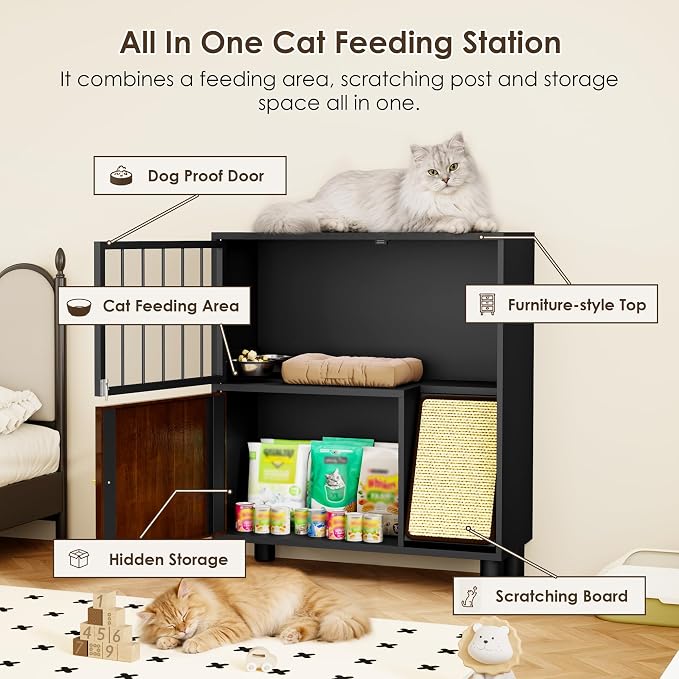 Dog Proof Cat Feeding Station, Metal Cat Feeding Cabinet, Black | Elevated Cat Feeding Station, Pet Food Station with Storage, Cat Bowl Stand, Scratching Board, Stainless Steel Bowls