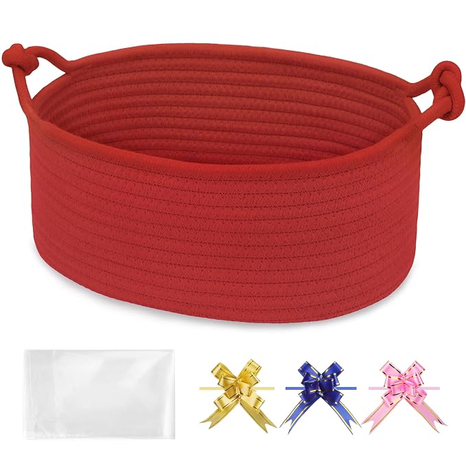 Small Empty Gift Basket with Bag & Ribbons, Red | 12“x8”x5”, Cotton Rope Woven Basket for Birthdays, Baby Showers, Mother's Day, Christmas; Stores Small Items, Kids & Pet Toys