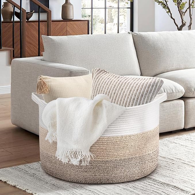 Maliton Woven Rope Blanket Basket Living Room, Storage Toy Basket, 90L | 22"x22"x14" Cotton Rope Basket for blankets, towels & laundry. In Bedroom, Nursery, Bath & Playroom. Soft & durable.