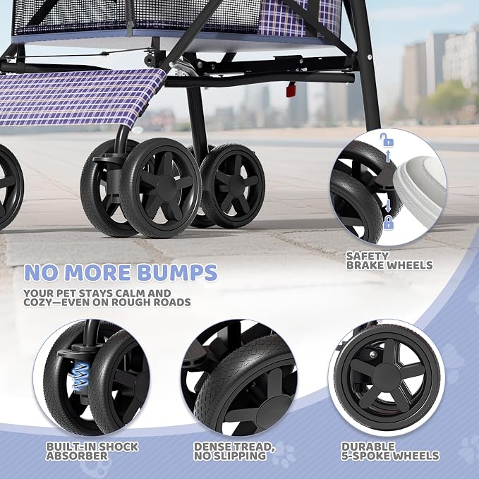 Magshion Compact Fold Pet Travel Stroller for Small Dogs Cats, Plaid | Up to 22lbs, 4-Wheel Lightweight Umbrella Shaped Design, Safety Tethers, Breathable Mesh, Cup Holder & Rear Storage