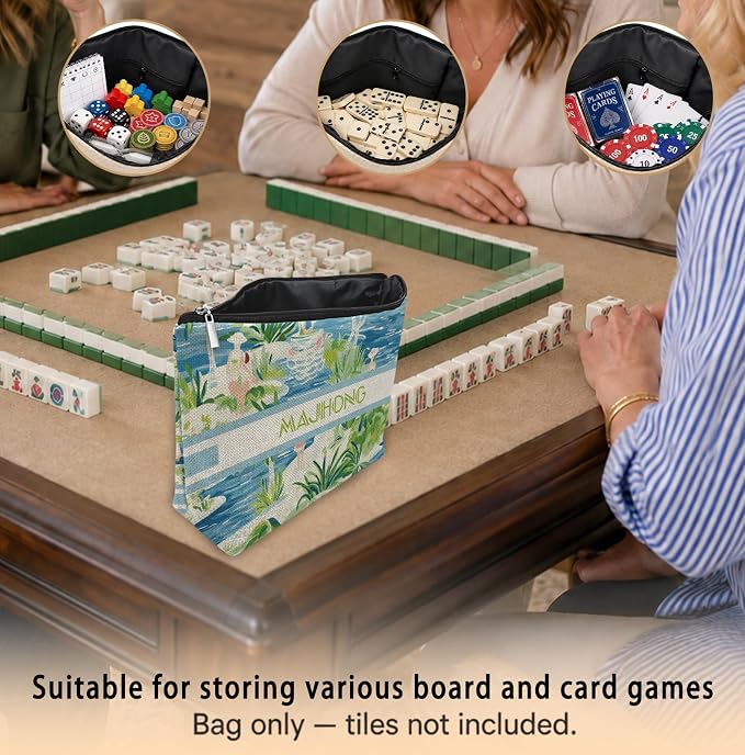 Summer Blue and Green Beach Empty Mahjong Tile Bag 13x7.8 Inch, | Boho Printed Portable Travel Case Organizer Zipper Pouch for American Mahjong Tiles Game Night Accessories and Gifts
