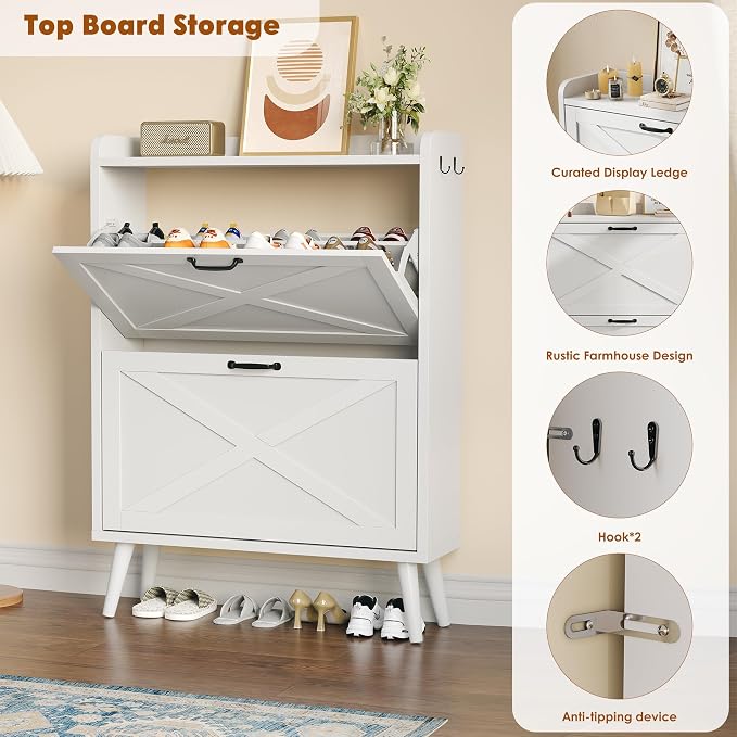 Shoe Cabinet Storage for Entryway with 2 Flip Drawers,Barn Door | Narrow Shoe Rack Cabinet with Adjustable Shelves & Hidden Storage for Foyer, Hallway, Living Room, 2 Hooks,White