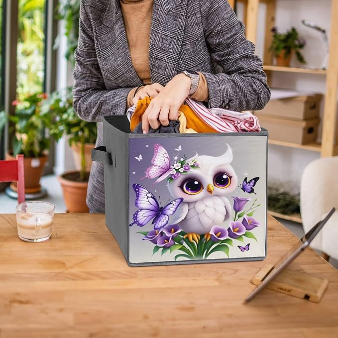 [Dreamy Cute Pet] Owl Foldable Storage Bins, 10.6" Cube Storage Organizer, Sturdy Oxford Cloth Fabric Baskets for Closet, Shelf, Nursery, Bedroom, Decorative Printed Box for Toys & Clothes