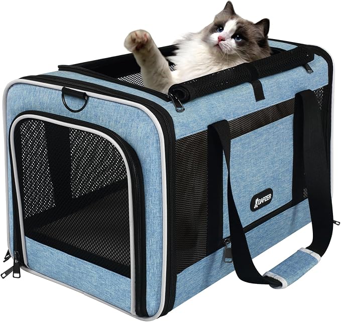 GAPZER Cat Carrier 18 x 11 x 11 Top Loading Soft Pet Travel Bag Over 15lbs | Portable Small Dog Puppy Car Travel Crate 10 lbs, Chihuahua Kennel Carry Case, Kitty Cloth Cage Medium Cat Under 25 lbs Blue