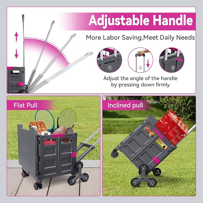 Foldable Utility Cart Portable Crate Rolling Dolly with Telescopic Handle,Can be Pulled diagonally, Magnetic Retractable Lid, 360°Swivel Climbing Wheels for Shopping Carrying Groceries Move Grey