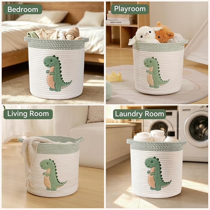 Dinosaur Toy Storage Basket for Toddlers Boys Dinosaur Room Decor, Medium | Cotton Rope Baby Hamper with Dinosaur Embroidery Toys Storage Organizer for Stuffed Animals, Books, Blankets 12" x 12"