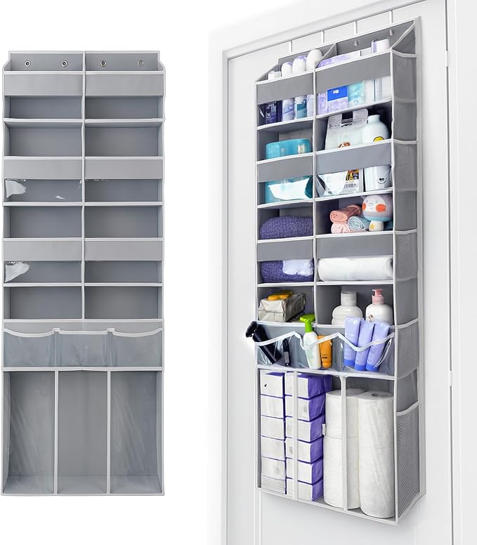 Extra Large Over The Door Organizer with Clear Pockets - 8 Compartments & XL Bottom Storage, Heavy-Duty Hanging Organizer for Bathroom, Bedroom, Closet (57 Inch Height).