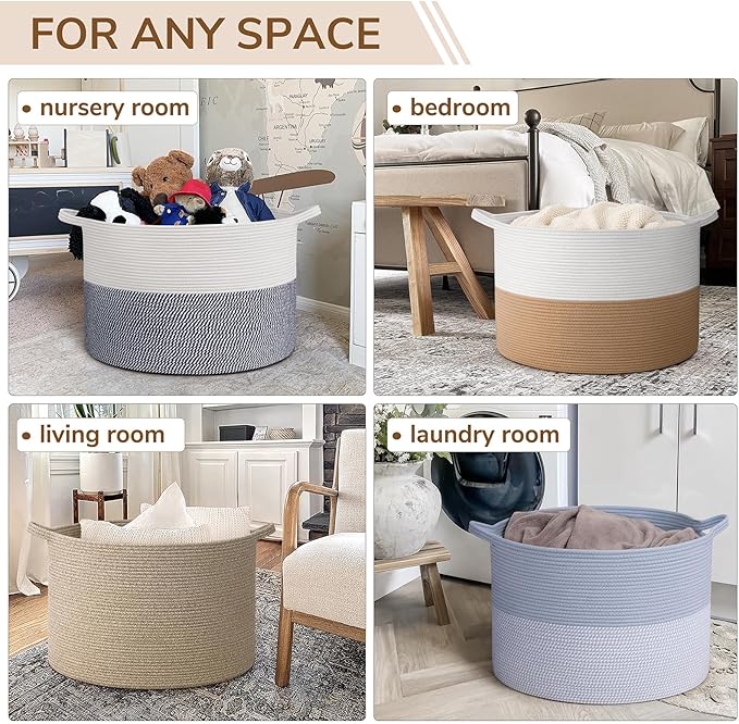 INDRESSME 115L Extra Large Woven Rope Blanket Basket Living Room | 23.6" x 15.7" Storage baskets for toys laundry & pillows. Fits living room, bedroom or nursery décor. Soft-touch with handles
