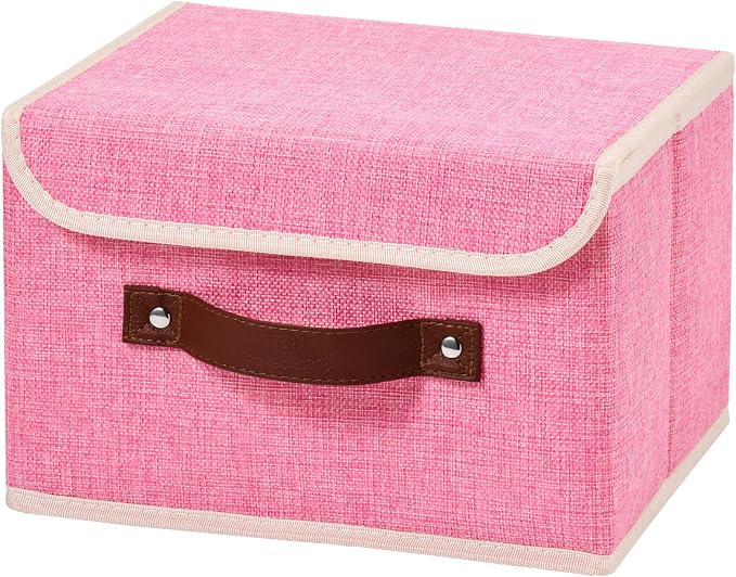 Storage Boxes with Lids Cotton Linen Fabric Bins Baskets | Decorative Collapsible Washable, Clothes Container Organizer for Closet Shelf, w/ Faux Leather Handles, Pink, Small
