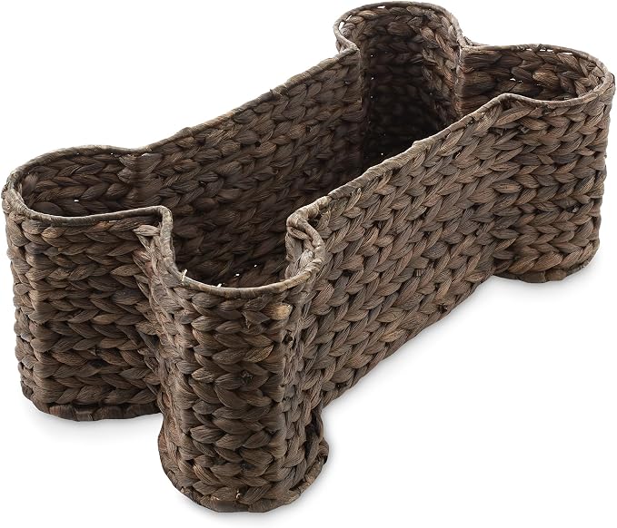 Casafield Dog Bone Shaped Storage Basket - Espresso, Large Woven Water Hyacinth Pet Toy Organizer Bin