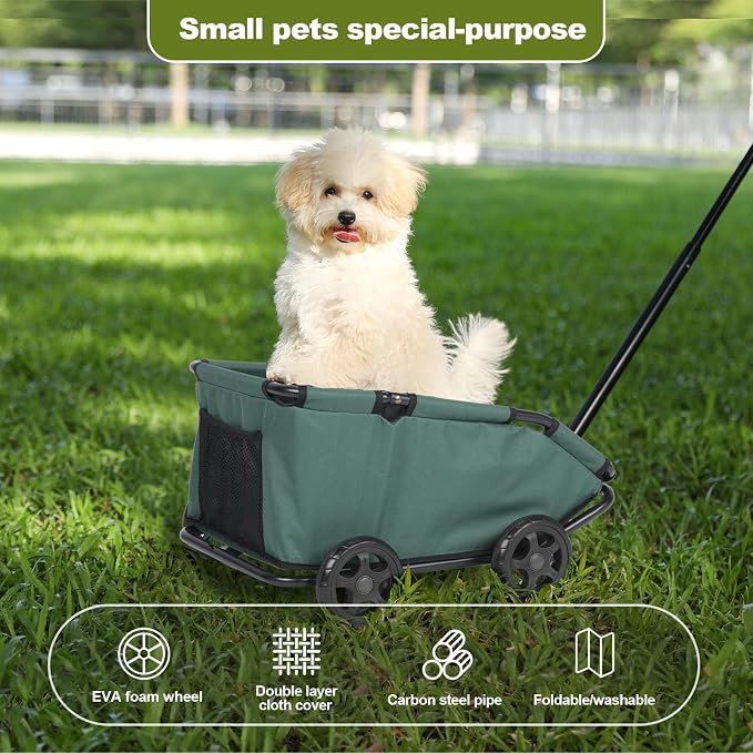Mini Dog Stroller, Foldable Pet Stroller for Small Dogs & Cats with Safety Rope, Storage Basket & Built-in Cushion - Extendable Handle, Lightweight Carrier for Travel, Walking, Vet Visits (Green)