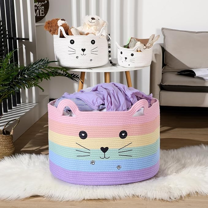 Zopeal Cat Storage Basket Woven Organizer with Ears Decorative Gift Cute Cotton Rope Pet Toy Basket for Gift Cat Dog Toy Bin Nursery Room(21.7 x 13.8 Inch,Macaron Color)