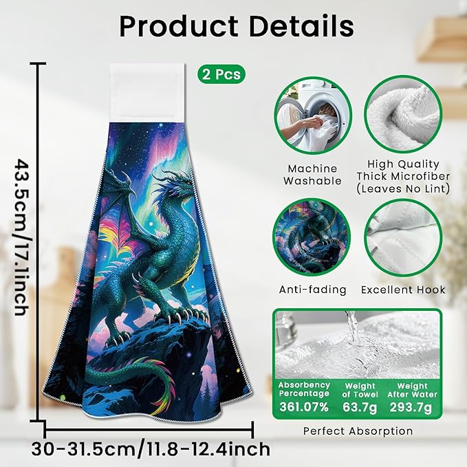 CUTHOLLOW Aurora Dragons Hanging Kitchen Towels with Loop, Set of 2 - Soft & Super Absorbent Microfiber Decorative Hanging Dish & Hand Towel, Tea, Coffee Towel for Kitchen Bathroom Oven Handle