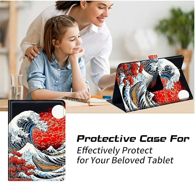 Universal Tablet Case for T-Mobile Revvl Tab 2 10.1" 2025/Revvl Tab 5G 10.36" 2023, 360 Degree Rotating Kickstand Protective Stand PU Leather Shell Cover for 9"-10.5", Red Sunset Waves