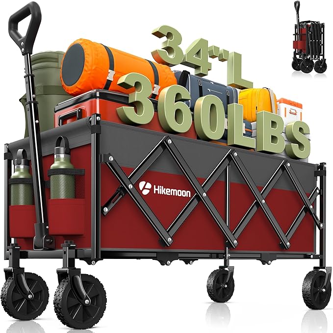 34'' Extra Long Folding Portable Wagon, 120L 360LBS Red & Grey | Wagons Carts Foldable, Heavy Duty, Collapsible Compact Storage, Utility for Shopping/Grocery/Garden/Camping/Sports