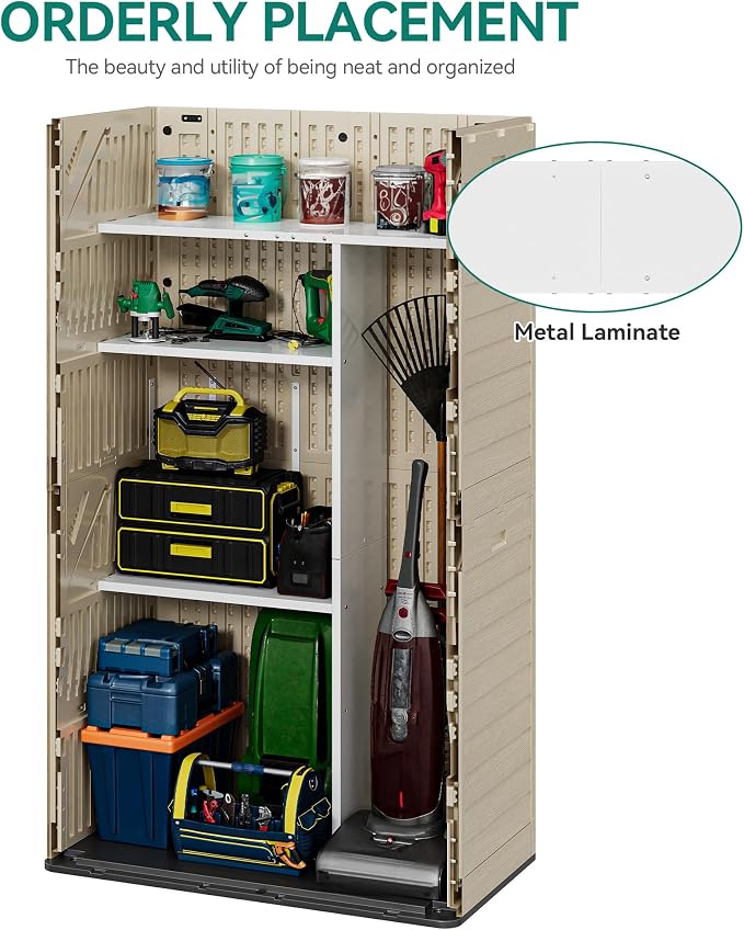 YITAHOME 60 cuft Vertical Outdoor Storage Shed w/o Shelf, Large Waterproof Storage Cabinet for Garden Shed, Tall Outdoor Storage Shed for Garage, Pool Storage, Resin, Lockable, Khaki & Brown