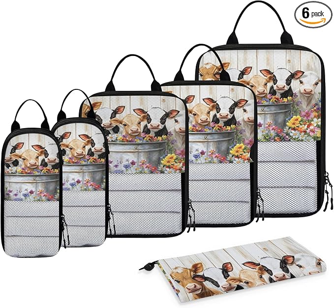 Cute Cow 6 Set Compression Packing Cubes Farmhouse Rustic Cow Flower Expandable Packing Organizer for Travel Accessories Luggage Suitcase Bag