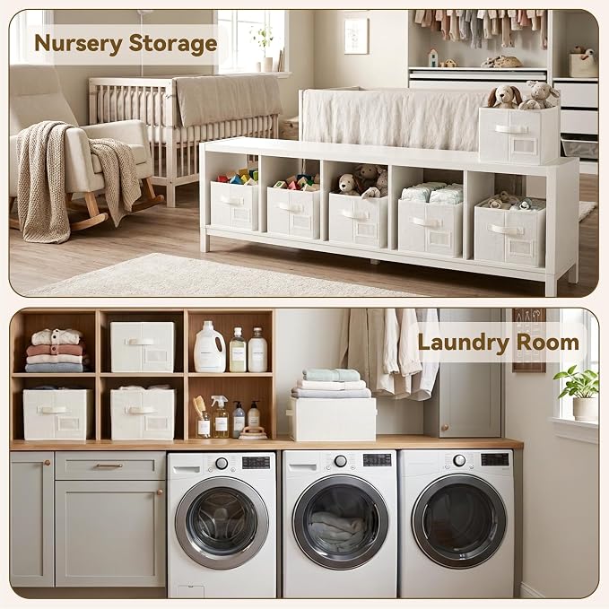 GRANNY SAYS Closet Storage Bins with Label, Pearl White, Medium, 3-Pack | Closet Organizer Bins with Label Holder, Fabric Storage Baskets, Foldable Storage Bins, Decorative Storage