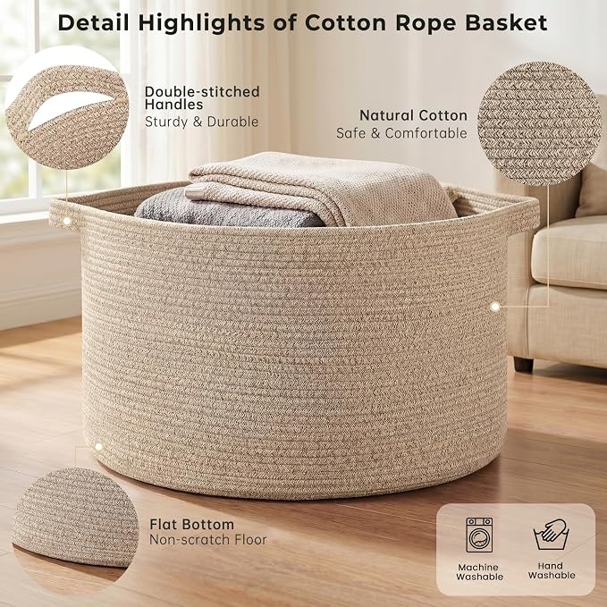 OIAHOMY 90L Extra Large Blanket Basket - Decorative Cotton Rope Storage Basket for Bedroom, Living Room & Nursery - Woven Laundry Hamper for Organizing Blankets, Clothes & Toys - Brown